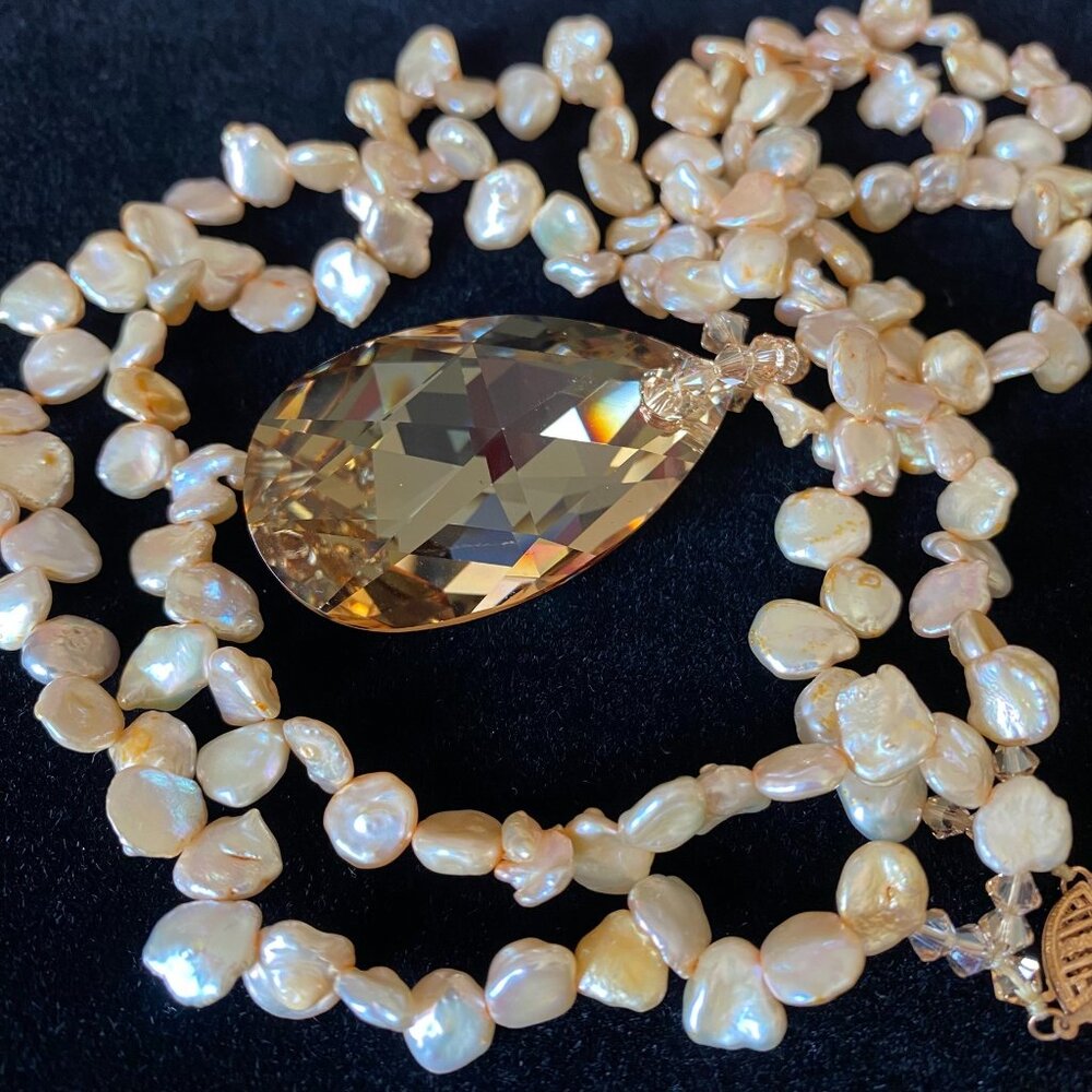 2 Strand Champagne Keshi Pearls w 2" Crystal Pendant and 14K Vintage Clasp